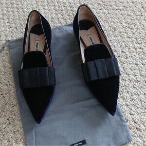 Miu Miu Navy Blue velvet black bow shoes